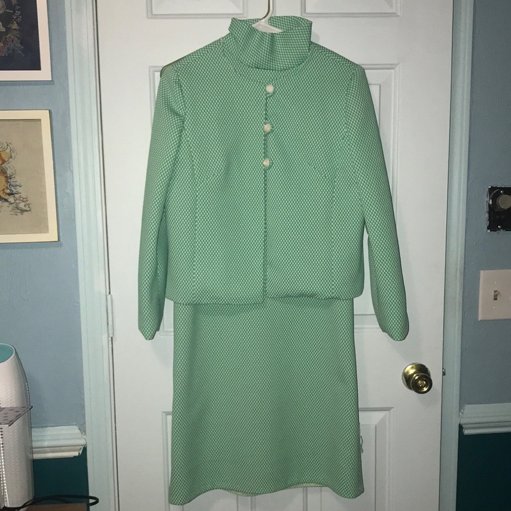 Vintage 70’s handmade dress with jacket. Green and white.